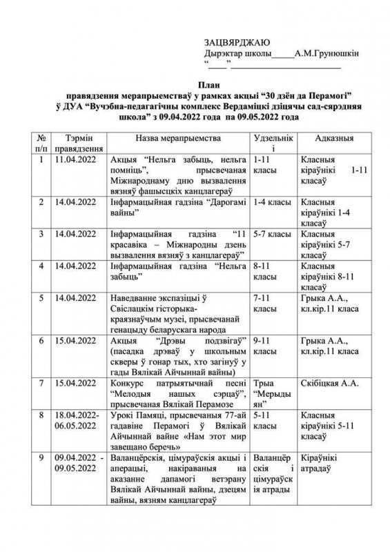 План правядзення мерапрыемстваў у рамках акцыі “30 дзён да Перамогі”