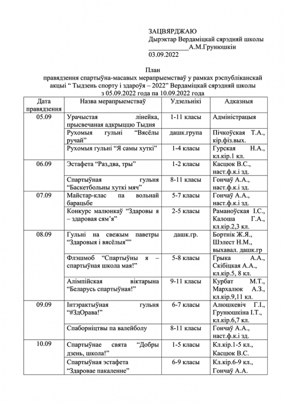 План правядзення спартыўна-масавых мерапрыемстваў у рамках рэспубліканскай акцыі “ Тыдзень спорту і здароўя – 2022”