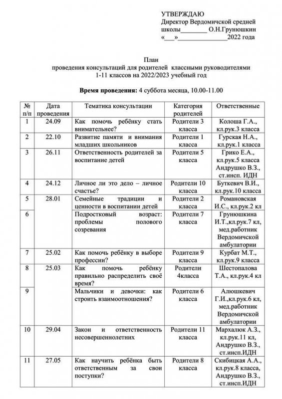 Графік і план правядзення кансультацый для бацькоў класнымі кіраўнікамі