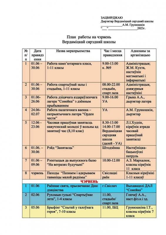 План  работы на летнія канікулы