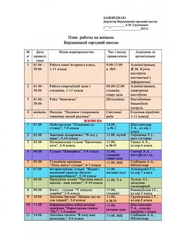 План  работы на жнівень 2023 года