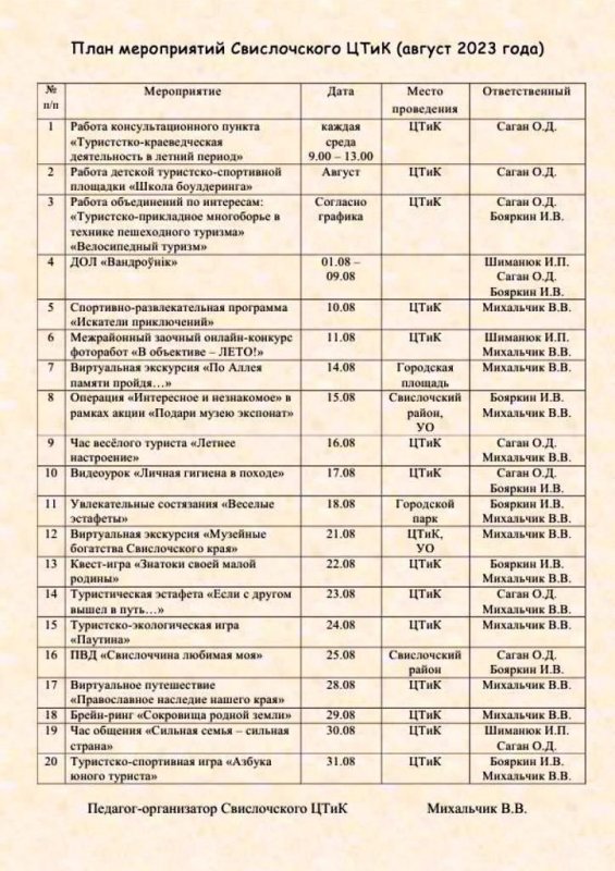 План мероприятий Свислочского ЦТиК на август